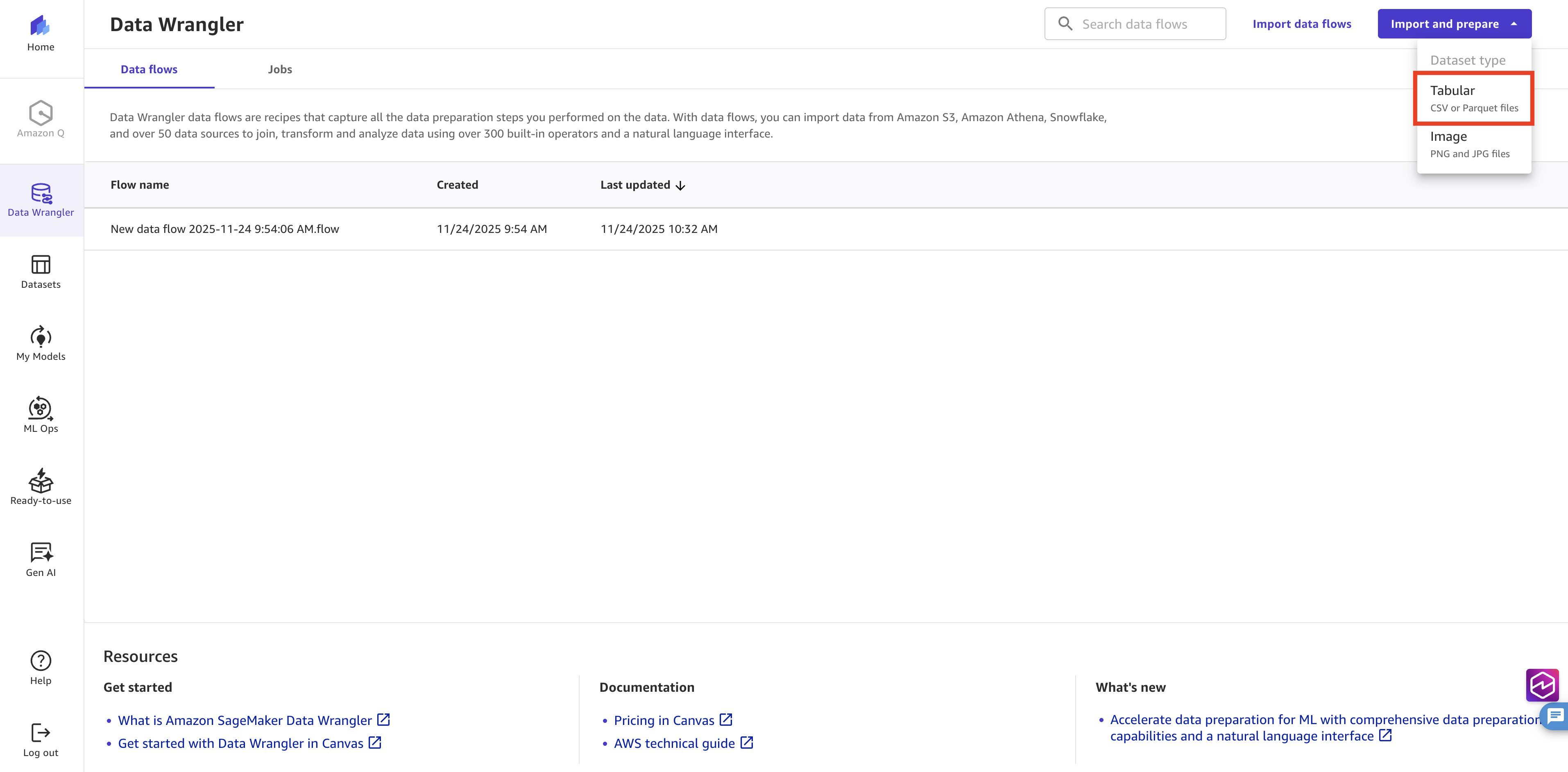 Amazon SageMaker Data Wrangler Import and prepare screen with Tabular selected
