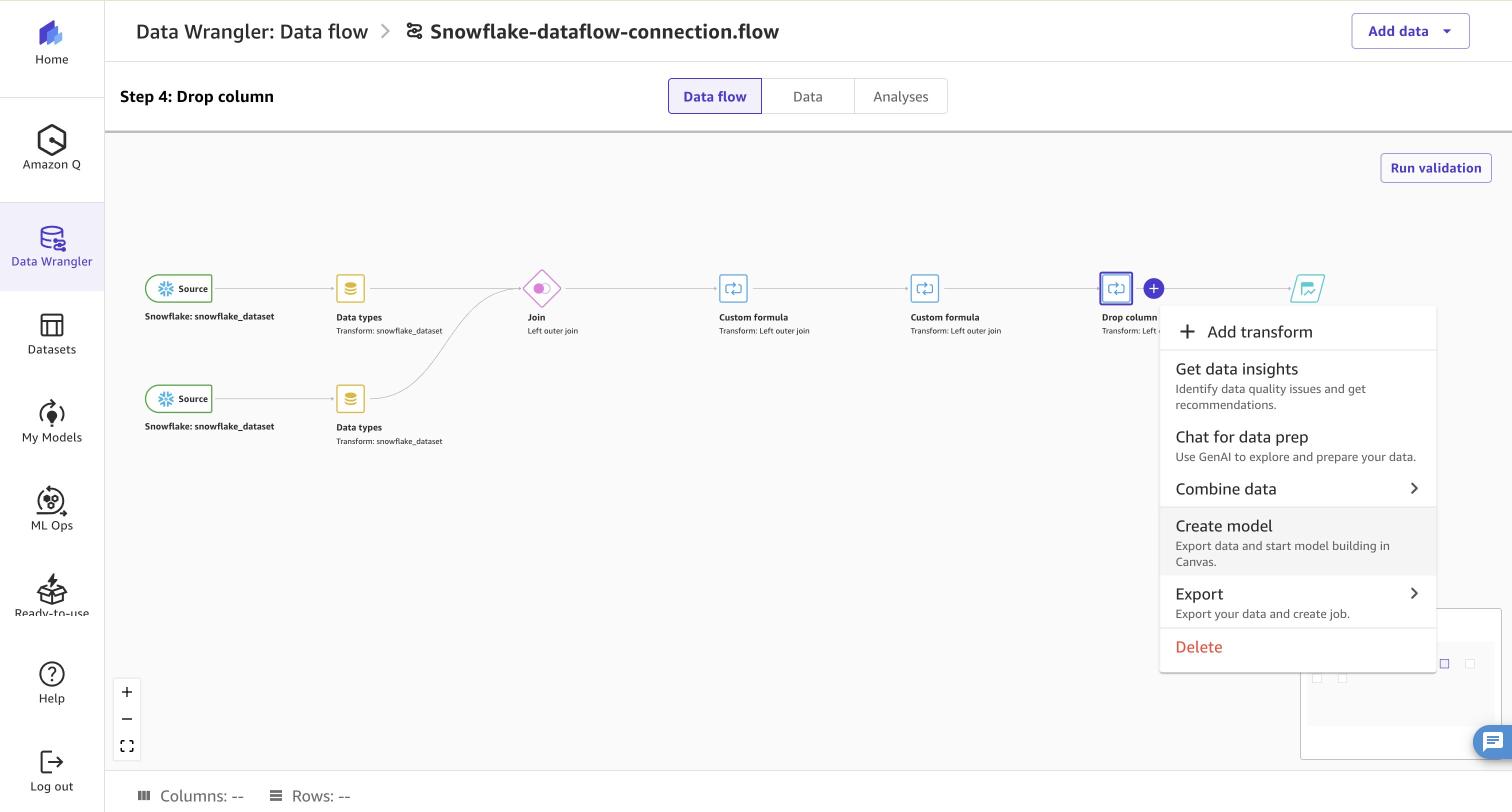 Creating a model from the final transform node in the data flow
