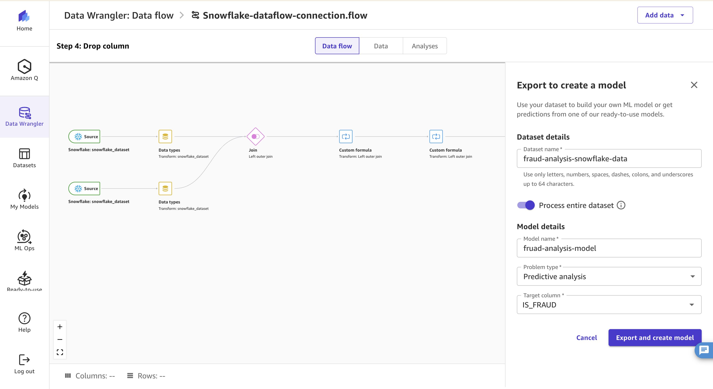 Model name entry and the Export and create model action in Canvas