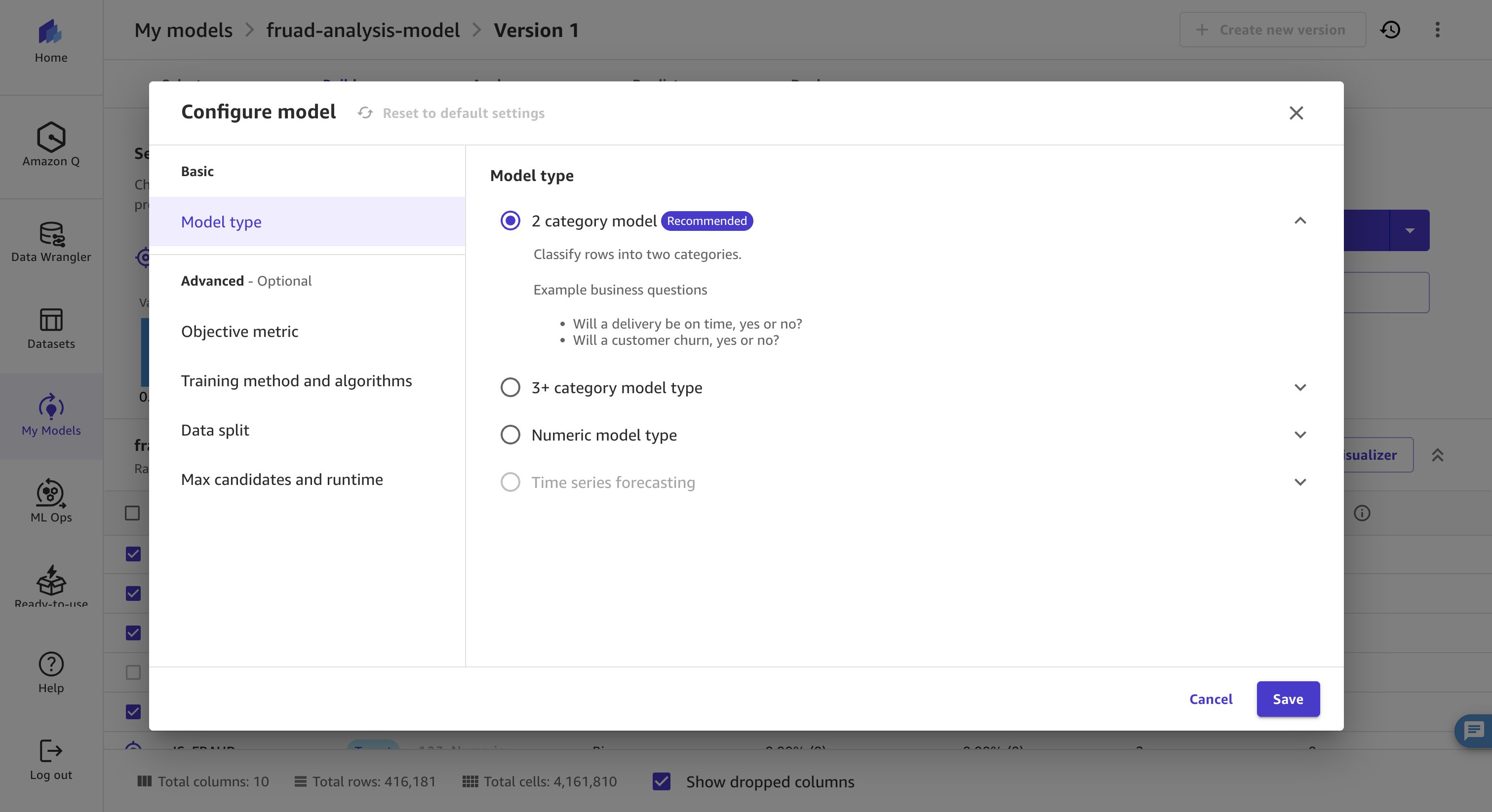 Configuring a 2-category model type in Canvas