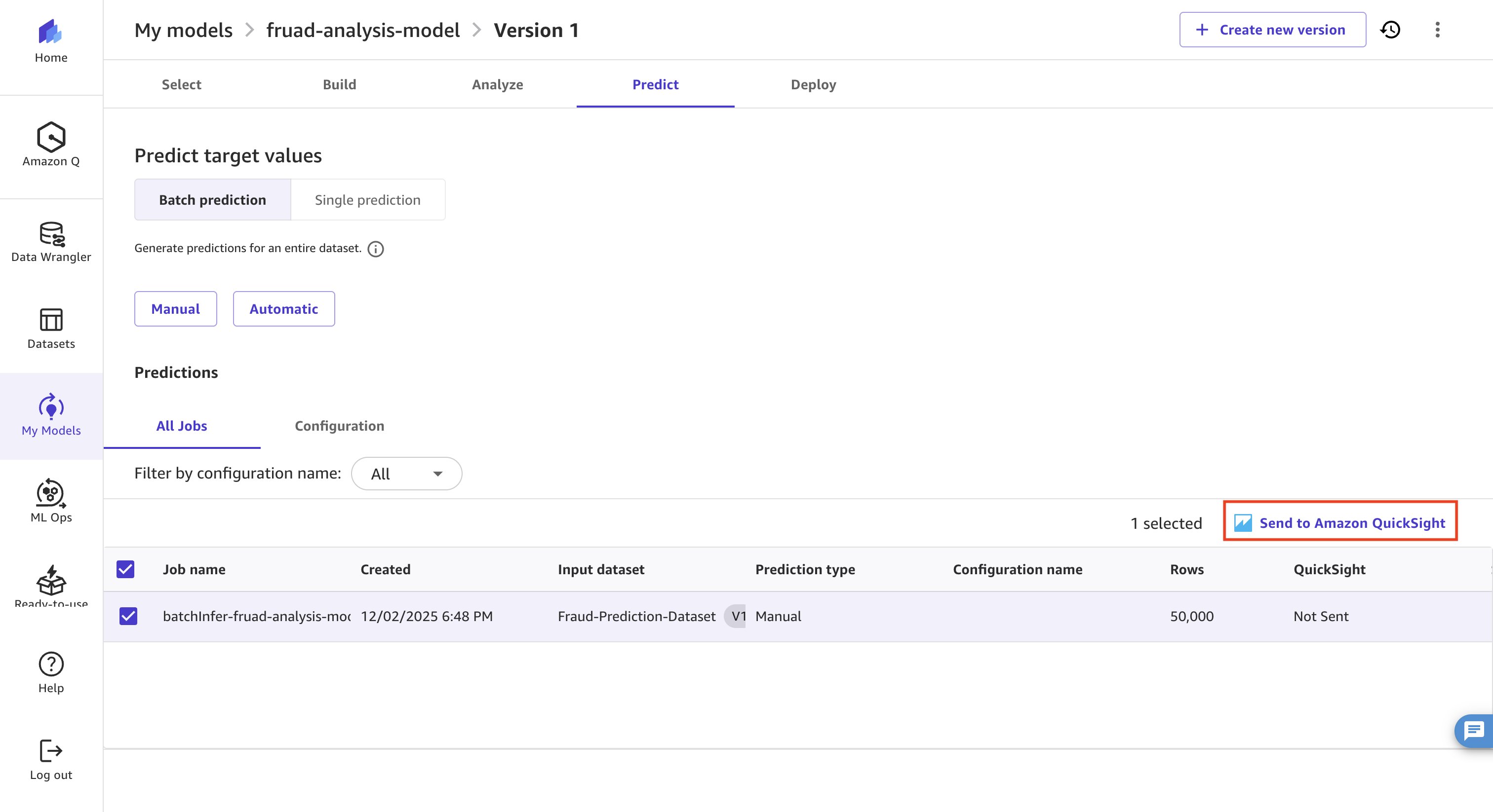 Selecting the prediction job and sending results to Amazon Quick Sight