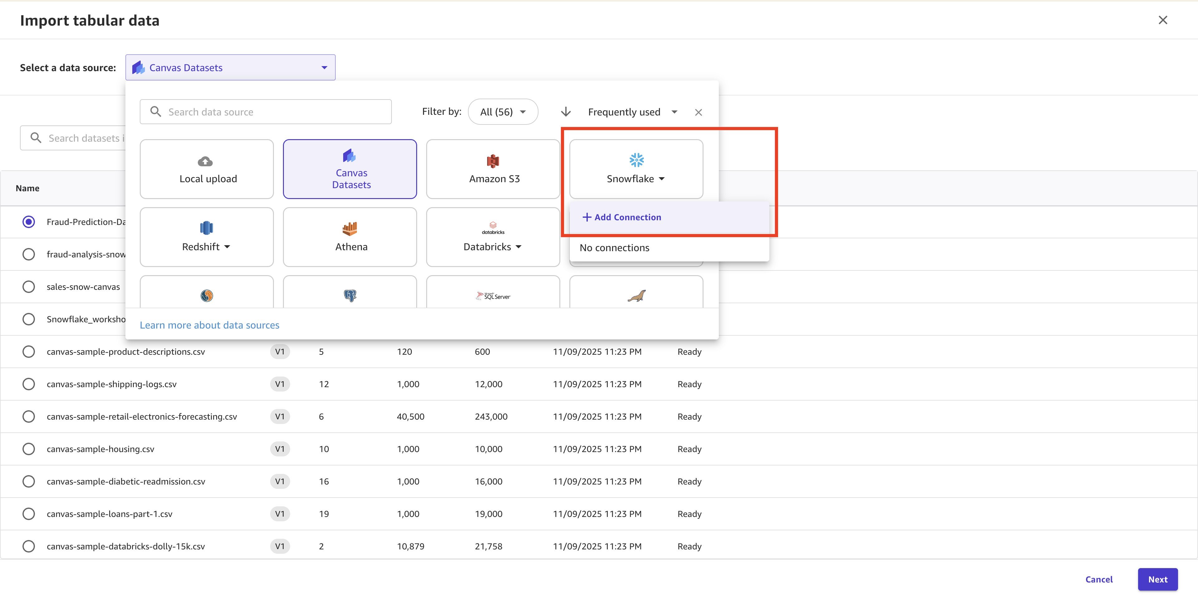 Selecting Snowflake as the data source and adding a connection in Data Wrangler