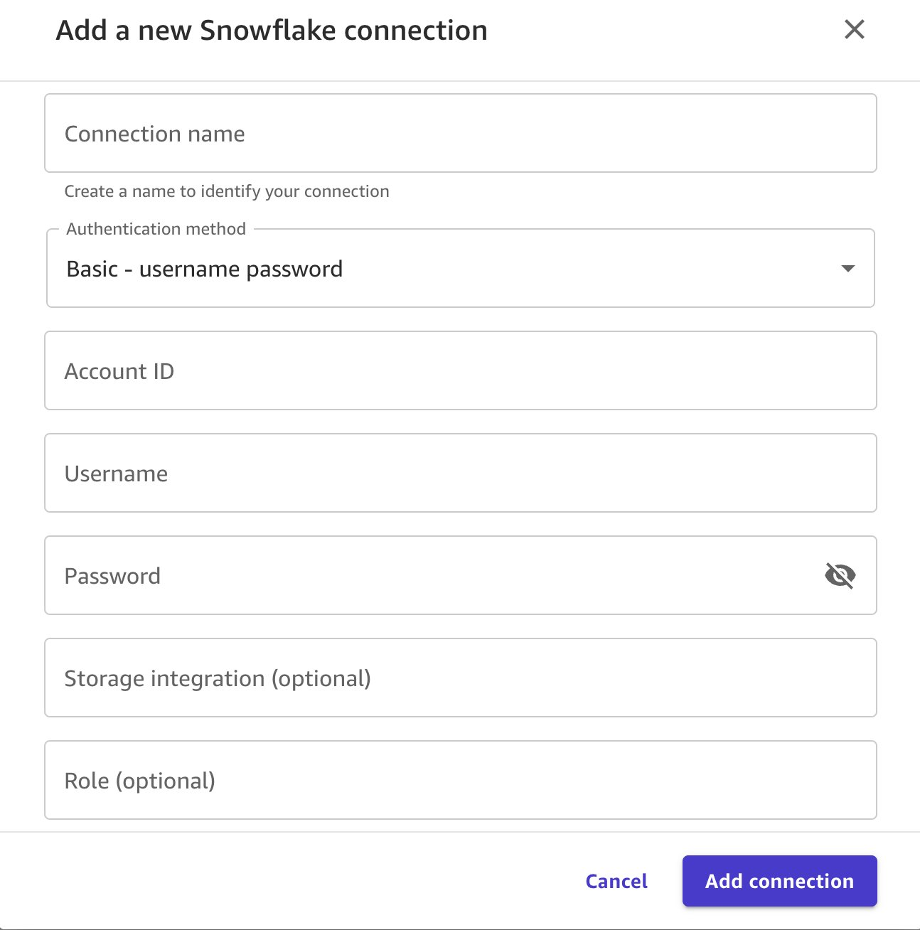 Snowflake connection dialog with connection name, account ID, username, and password fields