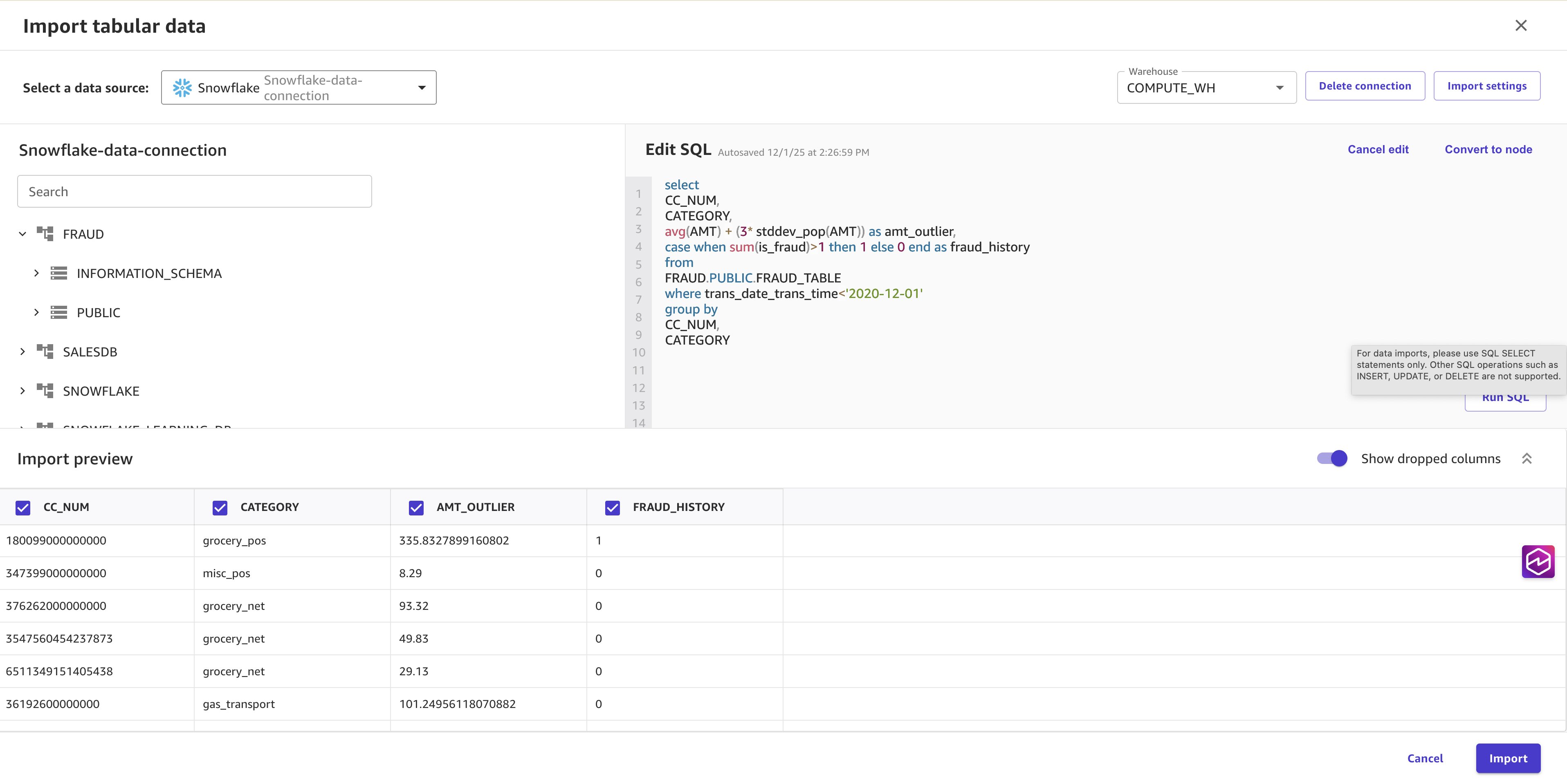 SQL editor in Data Wrangler showing the outlier-threshold query results ready to import
