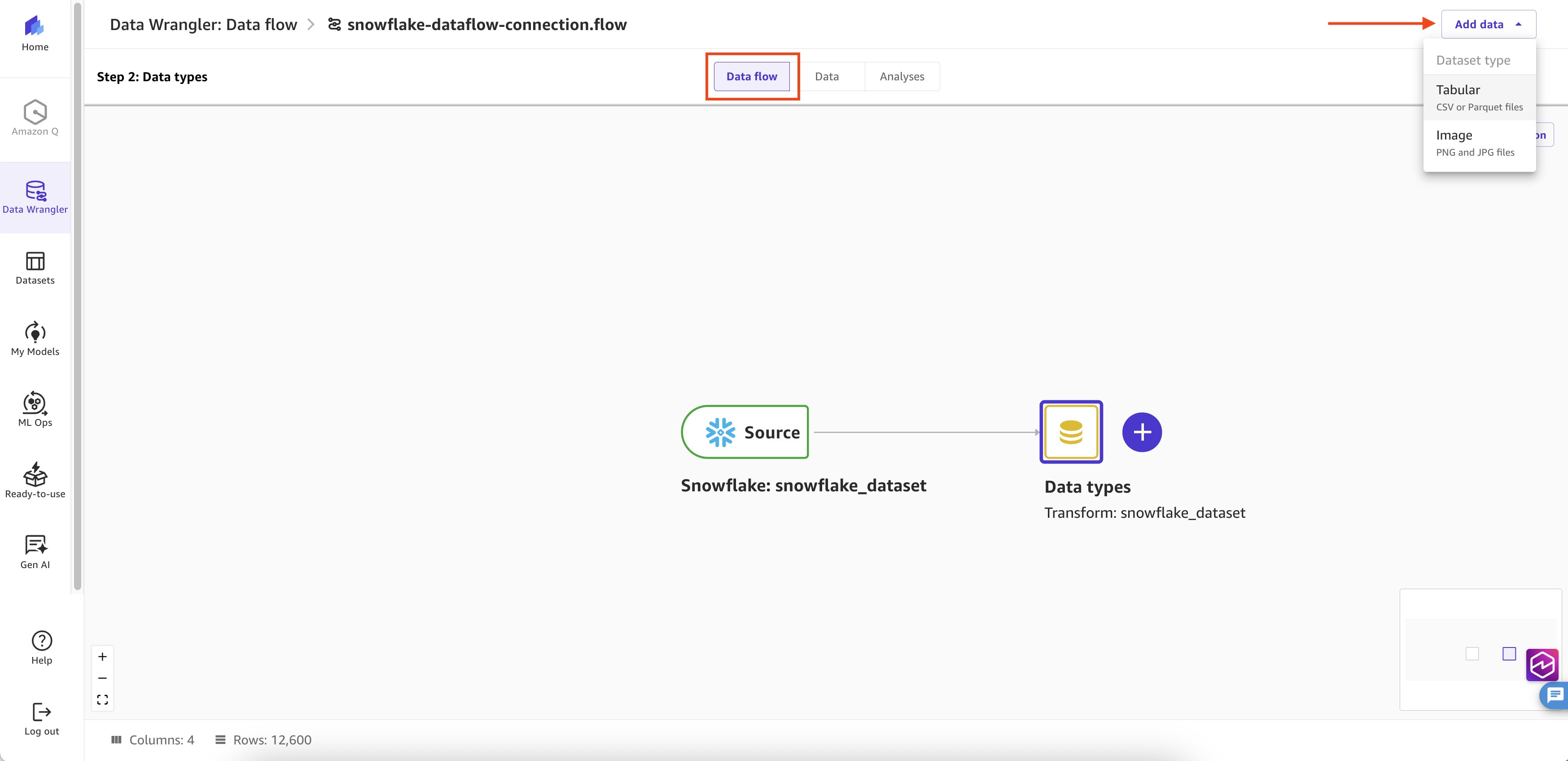 Data flow canvas with the Add Data and Tabular options for adding a second source