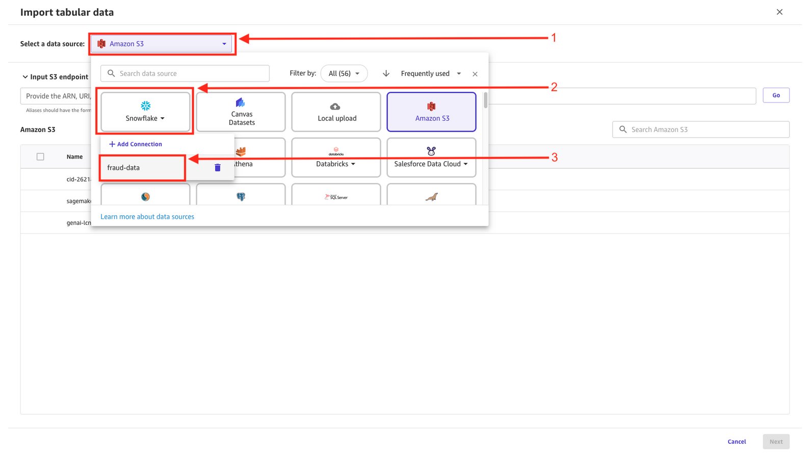 Selecting the existing Snowflake connection for the second data source