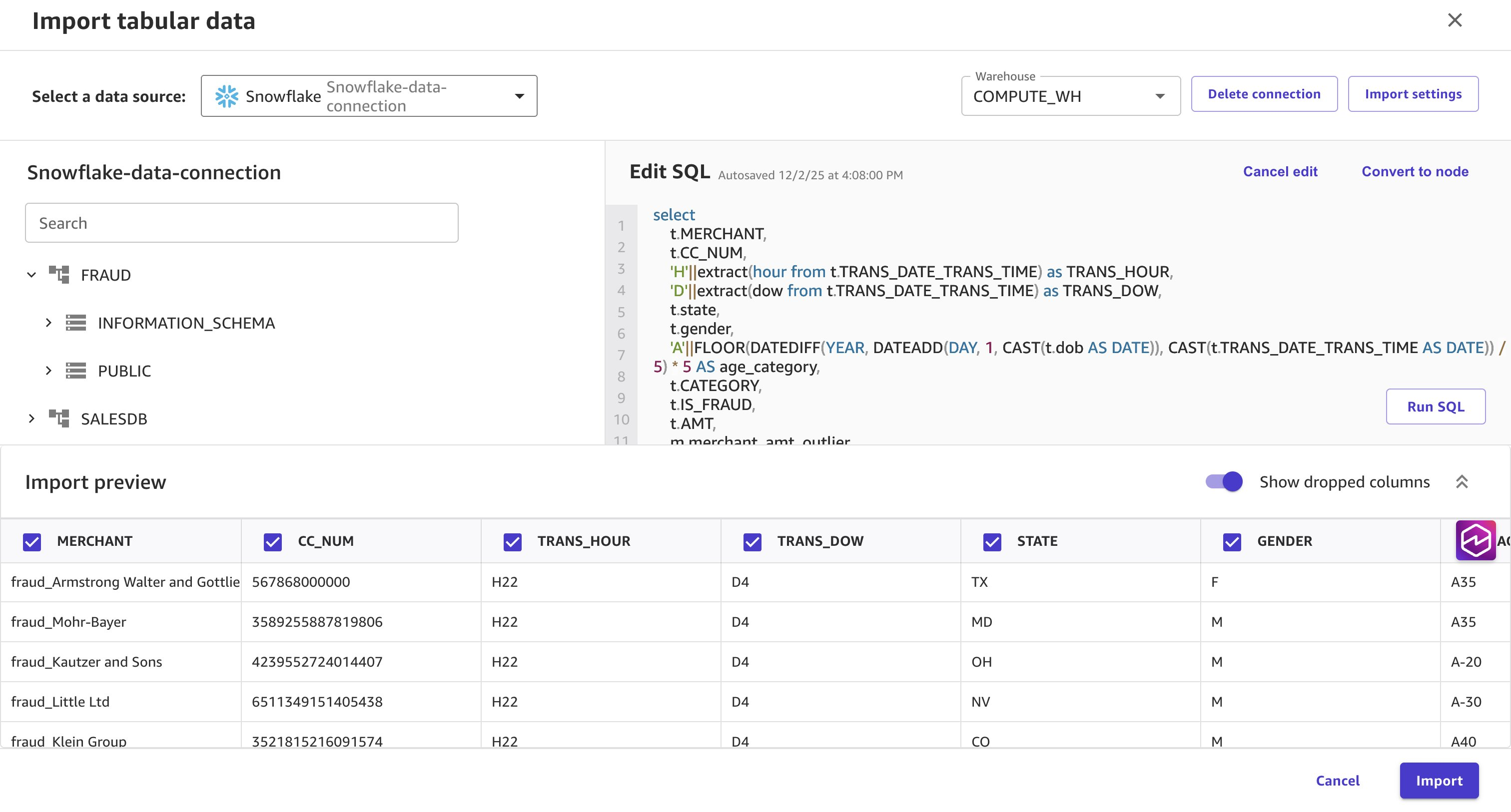 Data Wrangler preview of the enrichment query with temporal, demographic, and merchant features