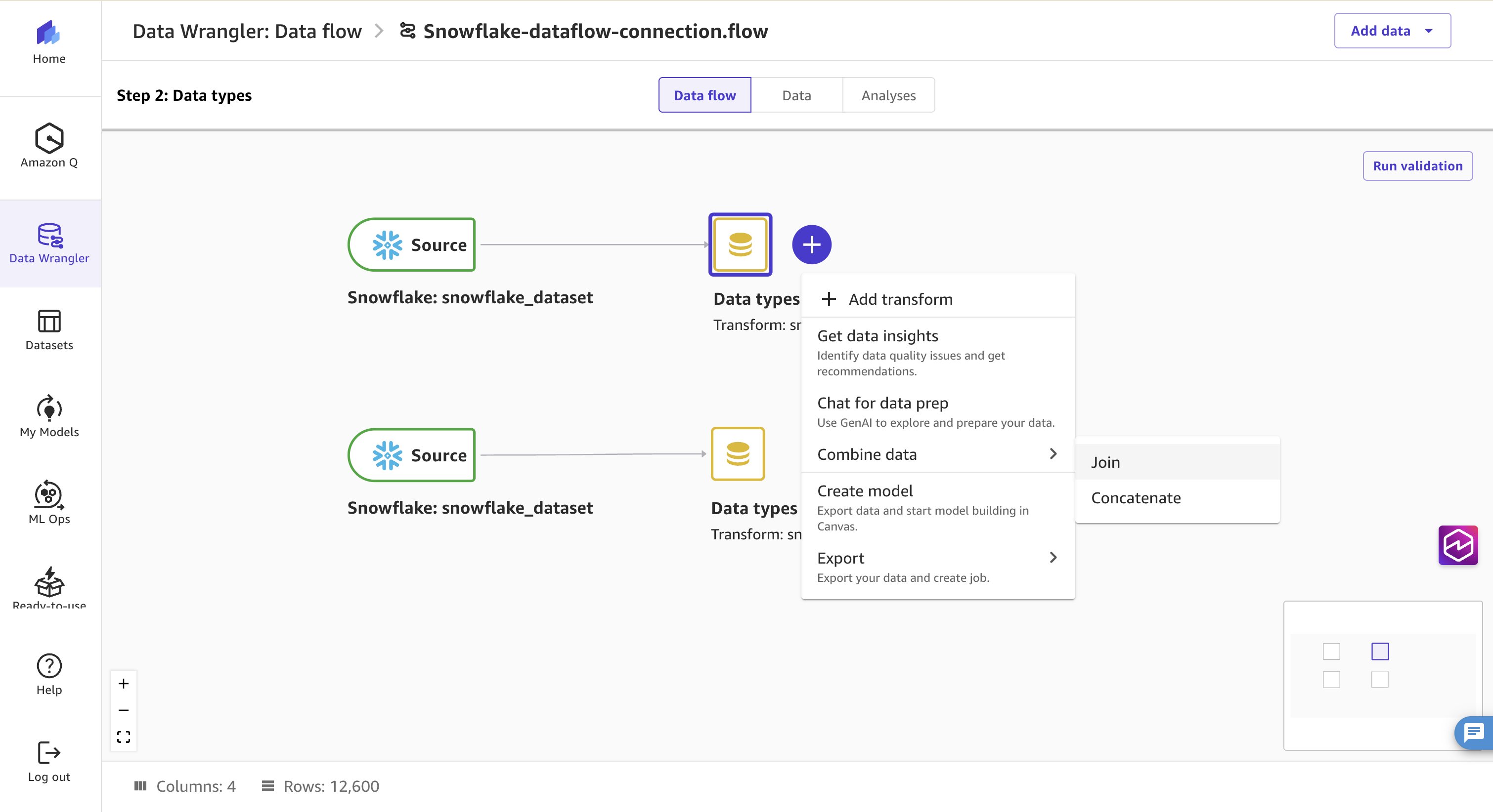 Data flow showing the Combine data and Join options between the two Snowflake sources