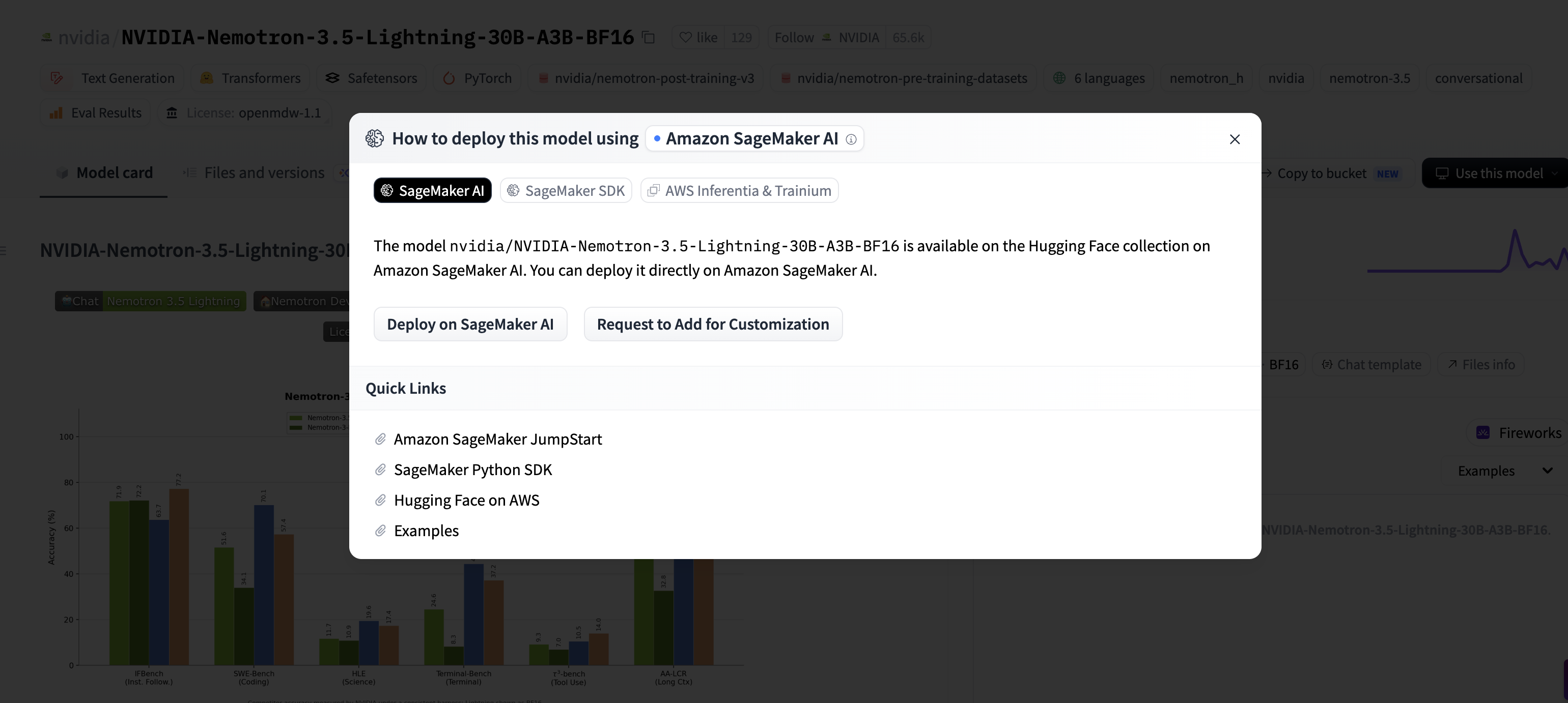 Hugging Face model page with the Amazon SageMaker AI deployment option selected