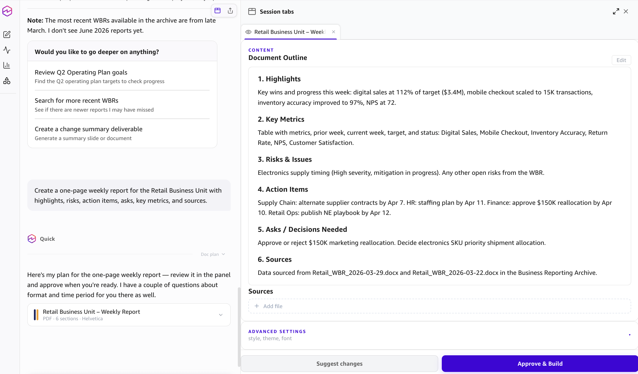 The Amazon Quick desktop application shows a plan for a one-page weekly report. The plan includes sections for highlights, key metrics, risks and issues, action items, asks or decisions needed, and sources. The user can suggest changes or choose Approve & Build.