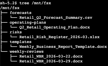 The terminal output shows a mounted /mnt/fsx path with folders for forecasts, operating plans, risks, templates, and weekly reviews. The example files include a forecast summary CSV file, an operating plan document, a risk register spreadsheet, a weekly business report template, and two weekly business review documents.