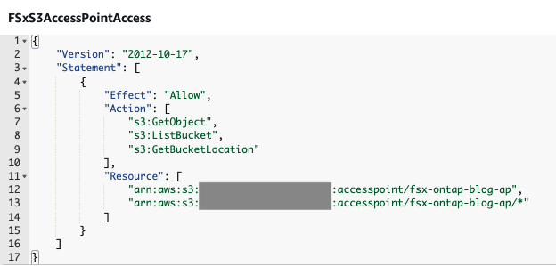 The IAM policy editor shows a policy named FSxS3AccessPointAccess. The policy grants GetObject, ListBucket, and GetBucketLocation actions on an S3 access point. The account-specific ARN values are masked.