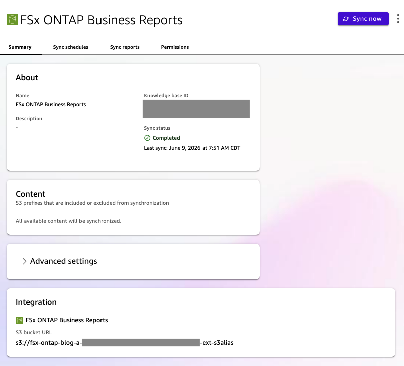 The Amazon Quick knowledge base page shows the FSx ONTAP Business Reports knowledge base. The sync status is completed, the content section lists 53 included S3 prefixes, and the integration section shows an S3 bucket URL that uses the access point alias. Account-specific values are masked.