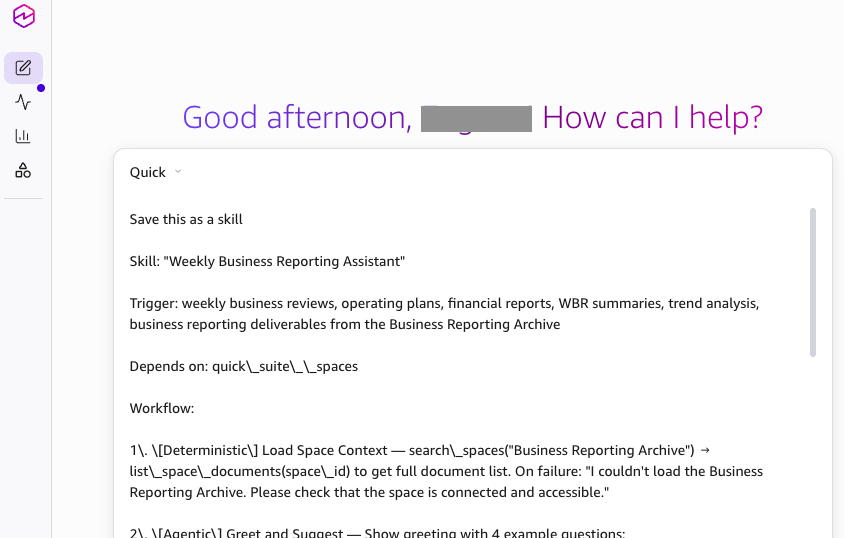 The Weekly Business Reporting Assistant skill specification entered in the Amazon Quick desktop application