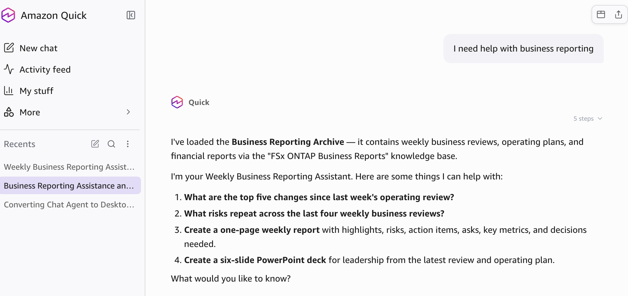 The Amazon Quick desktop application shows the assistant greeting. It says the Business Reporting Archive is loaded and offers example questions about weekly changes, repeated risks, a one-page report, and a six-slide PowerPoint deck.
