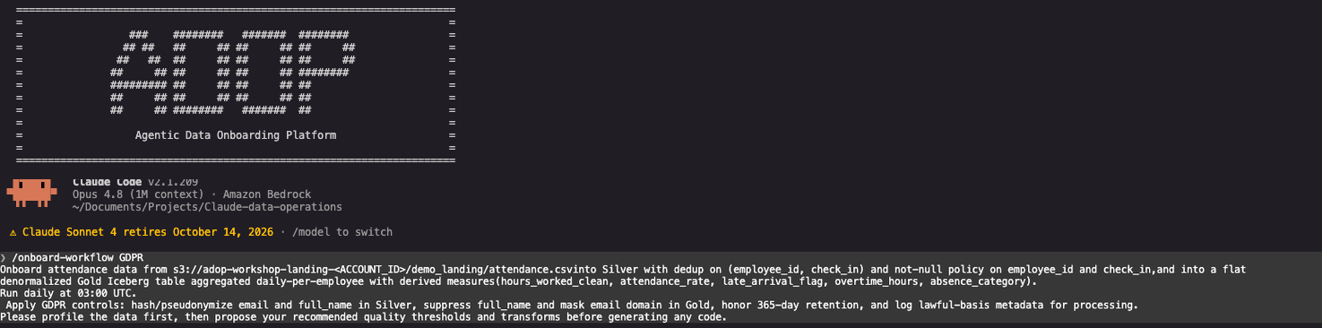 Claude Code terminal running the onboard-workflow command on Amazon Bedrock