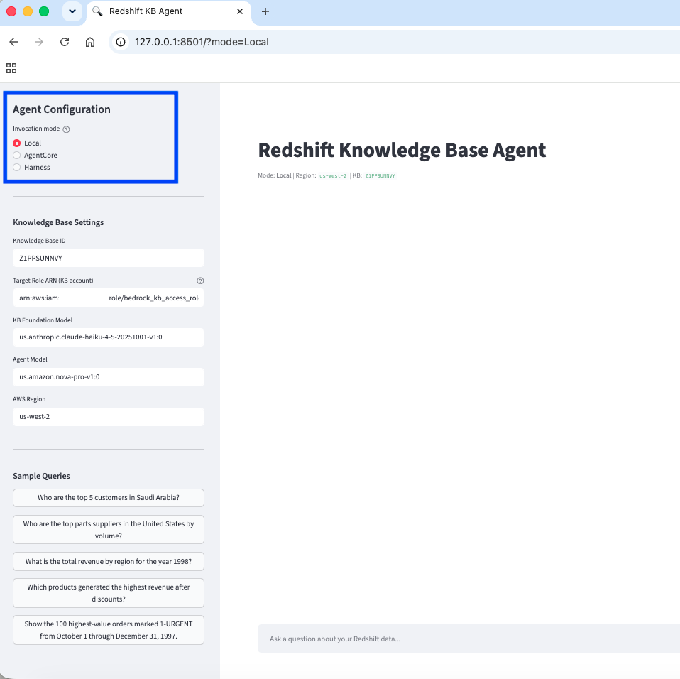 Streamlit sidebar showing Local, AgentCore, and Harness invocation mode options, with Local selected.