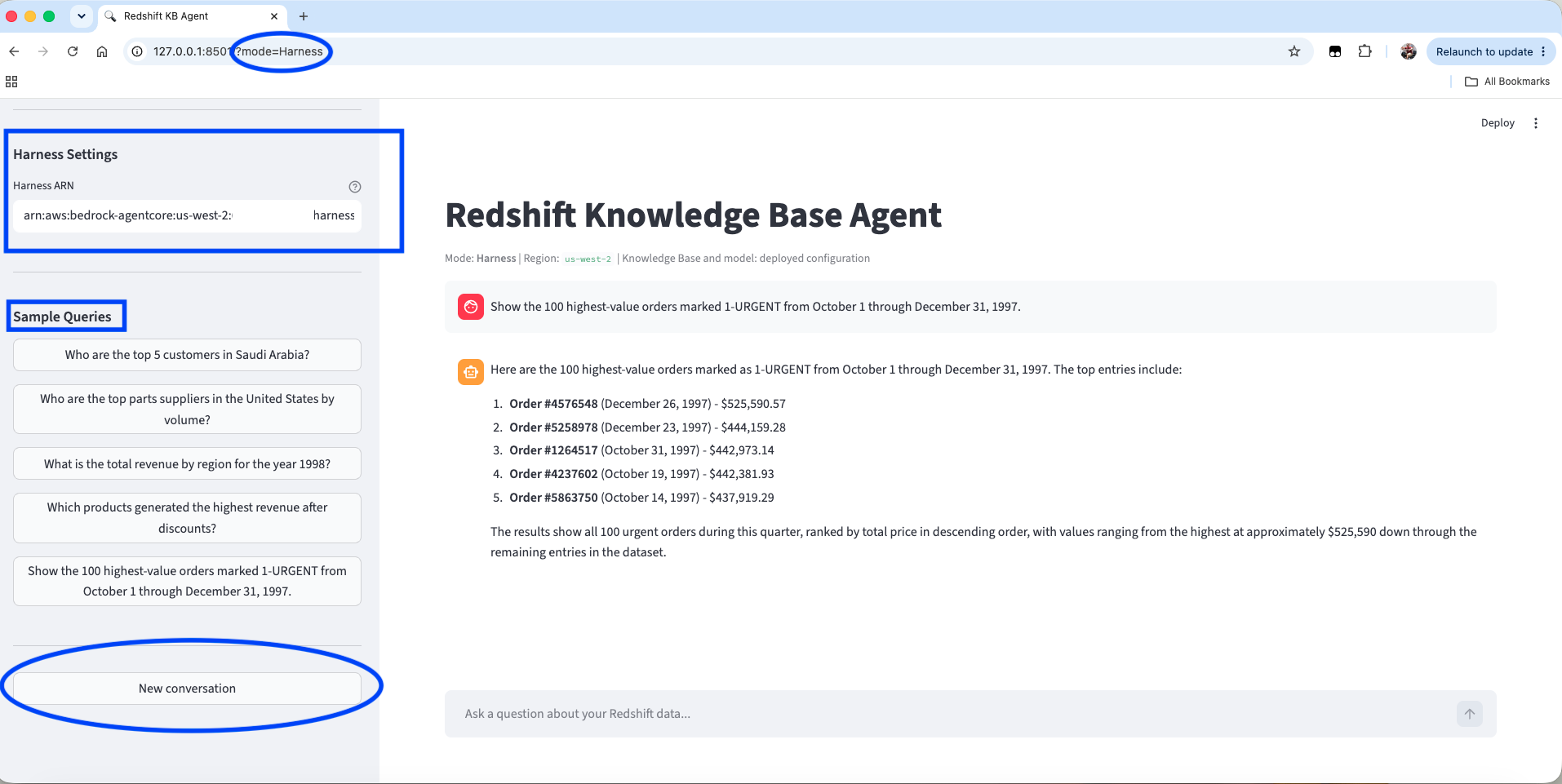 Streamlit Harness mode showing the deployed Harness ARN, sample queries, New conversation control, and a successful bounded query for urgent orders from the fourth quarter of 1997.