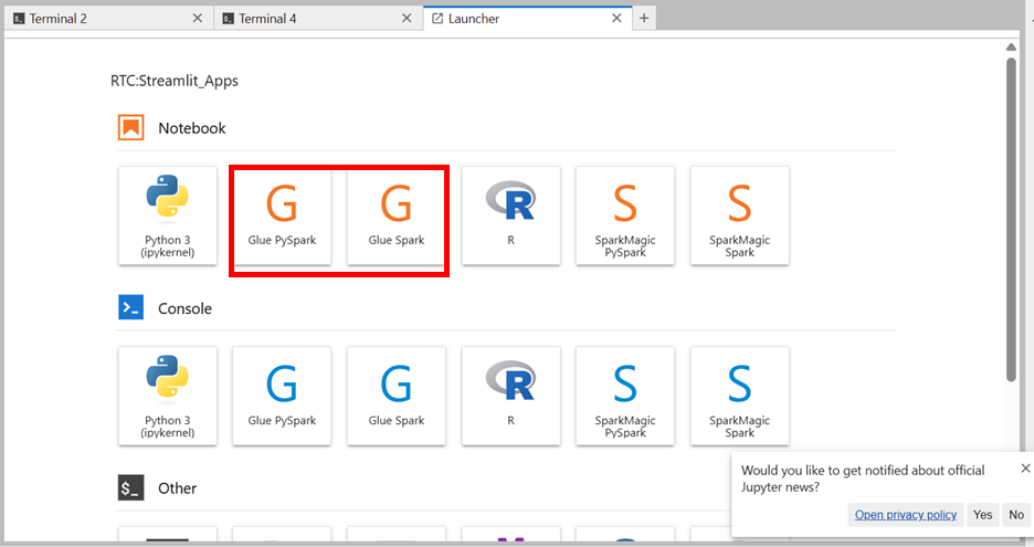 The SageMaker JupyterLab launcher showing Glue PySpark, Glue Spark, Python 3, R, and SparkMagic kernels grouped under Notebook, Console, and Other