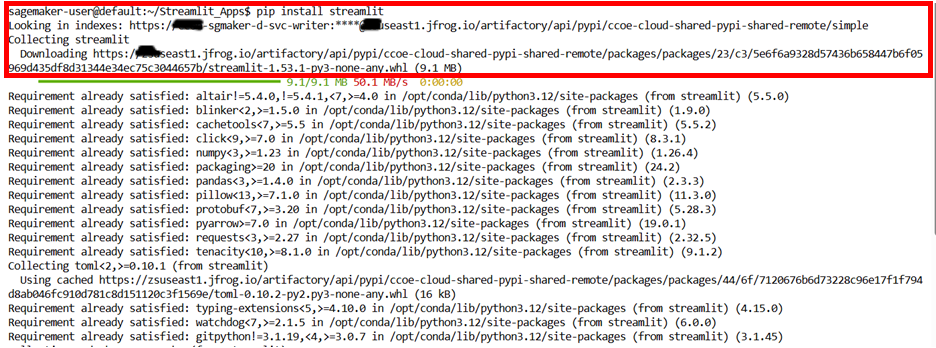 Terminal output of a pip install command for the Streamlit package routed through JFrog, showing download progress and successful installation of all dependencies