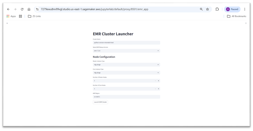 The Amazon EMR Cluster Launcher interface with lists for software release version, node type, and worker count, an input field for core nodes, and a Launch EMR Cluster button