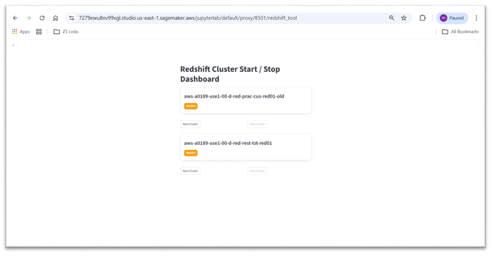 The Streamlit Amazon Redshift cluster start/stop dashboard showing two paused clusters, each with Start Cluster and Stop Cluster controls