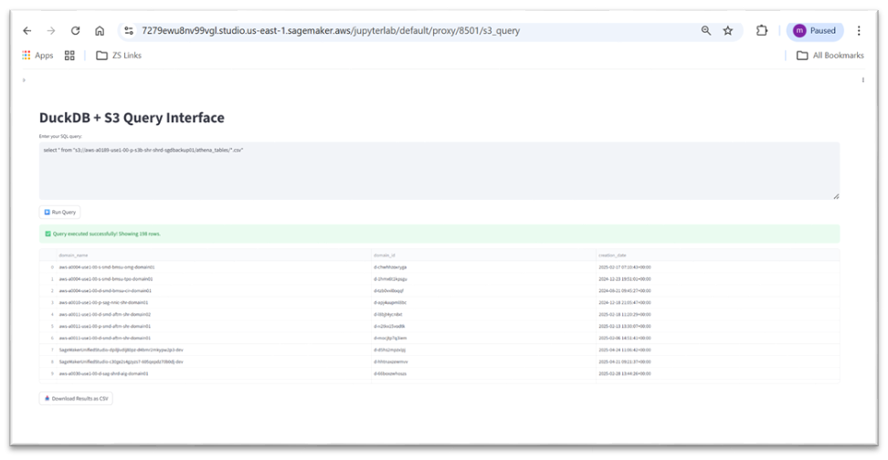 The DuckDB and Amazon S3 query interface showing a successful SQL query with a green confirmation message and a results table of file paths, account IDs, and timestamps