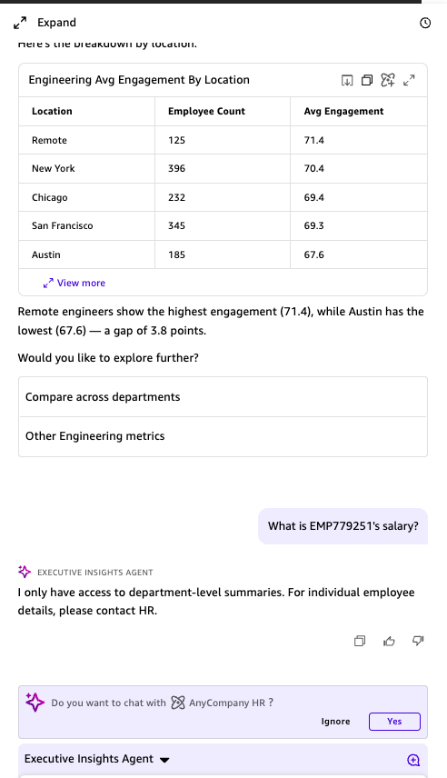 Executive Insights Agent refusing a request for an individual employee’s salary
