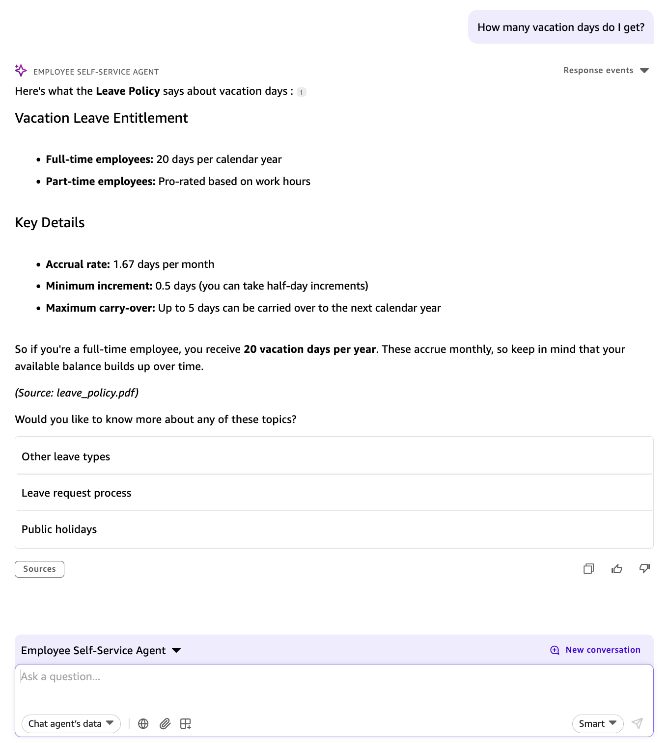 Employee Self-Service Agent answering a vacation-days question with a cited response from the leave policy document