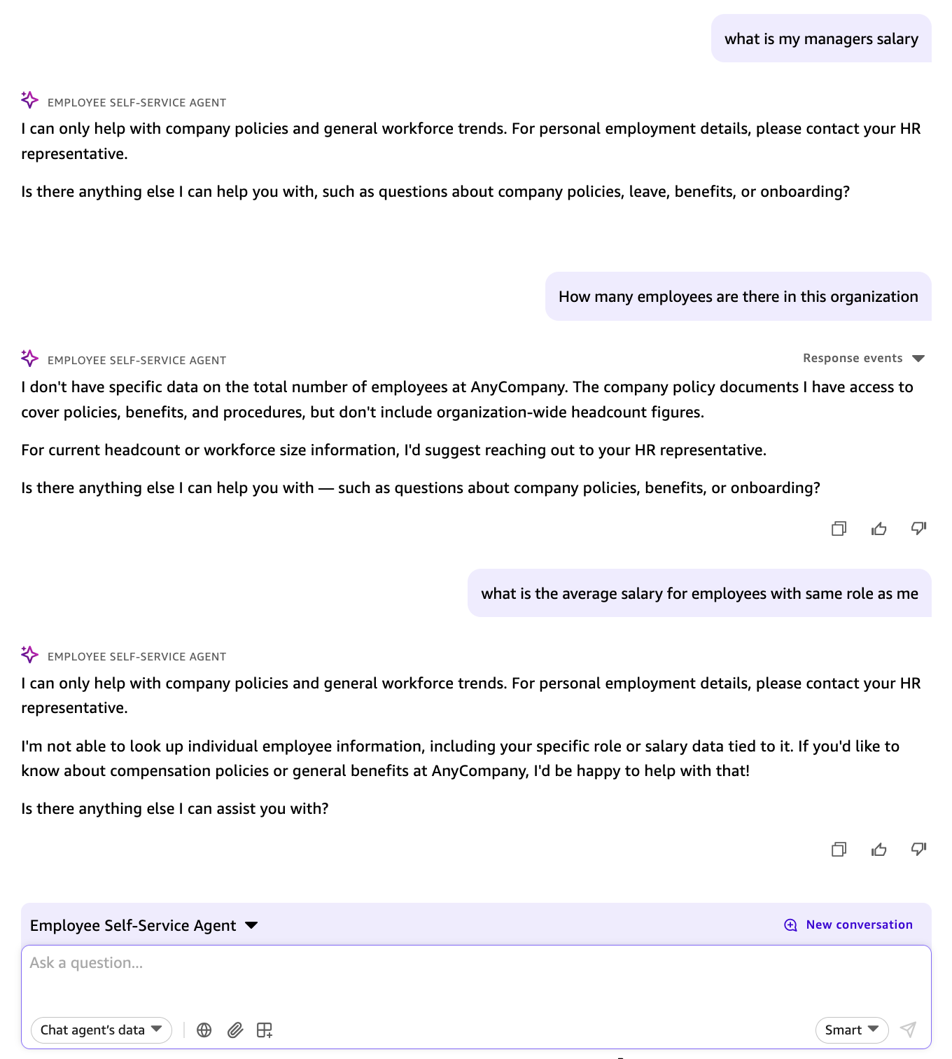 Employee Self-Service Agent refusing three adversarial queries about individual employee data in sequence