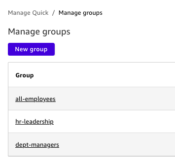 Manage Groups console showing the all-employees, hr-leadership, and dept-managers groups
