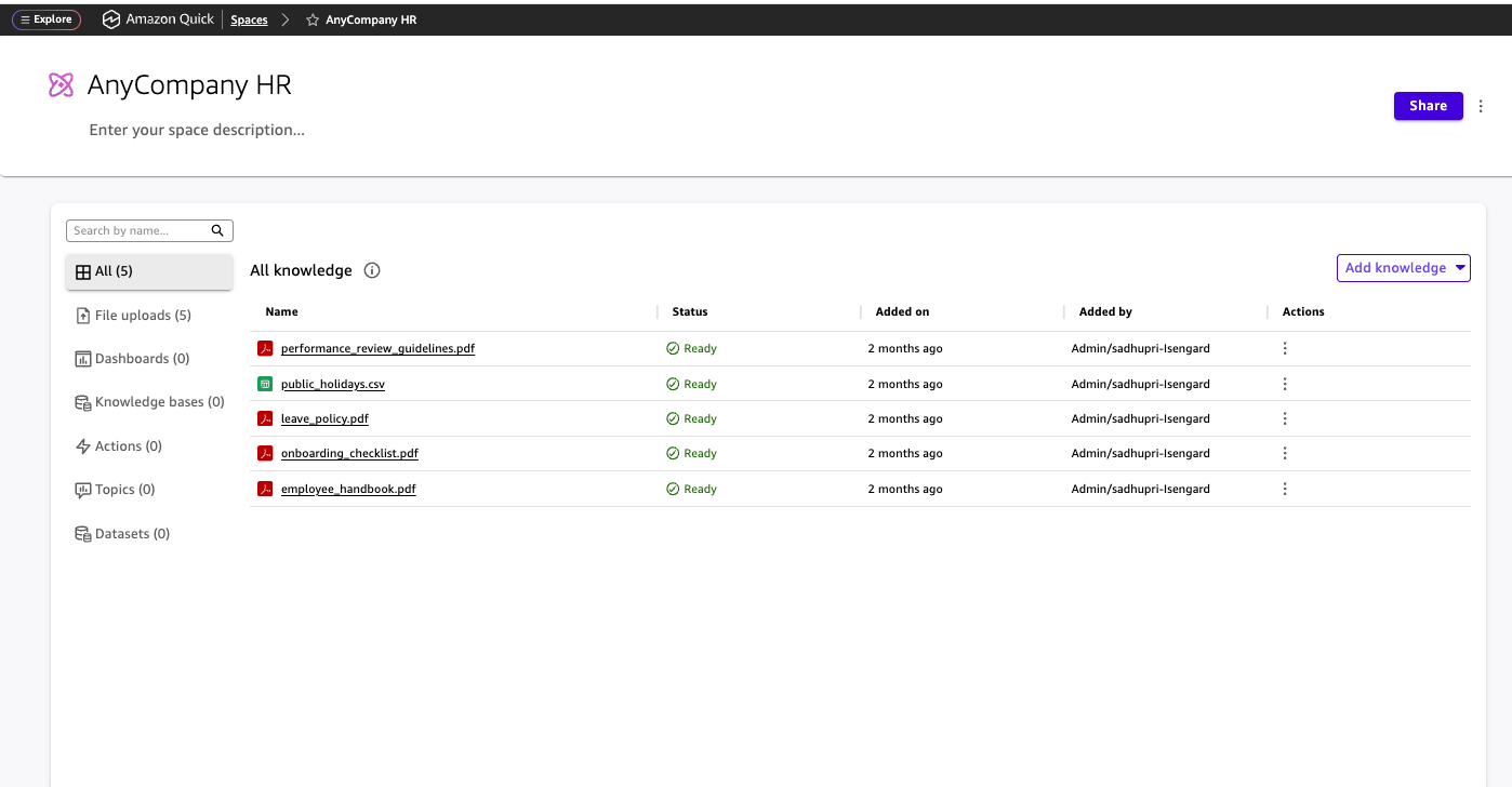 Knowledge base document list showing five uploaded documents in Ready status