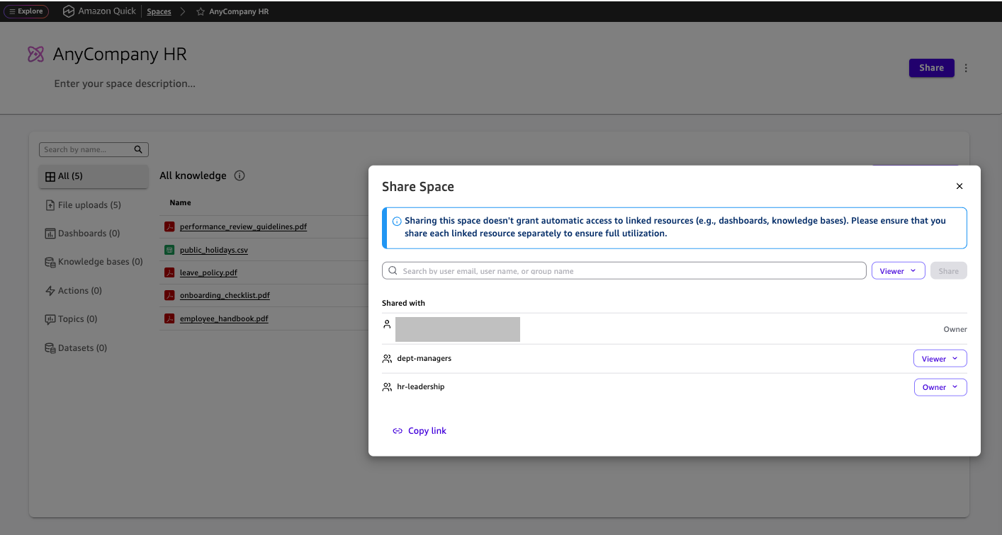 Space permissions panel showing hr-leadership as Owner, dept-managers as Viewer, and all-employees with no access