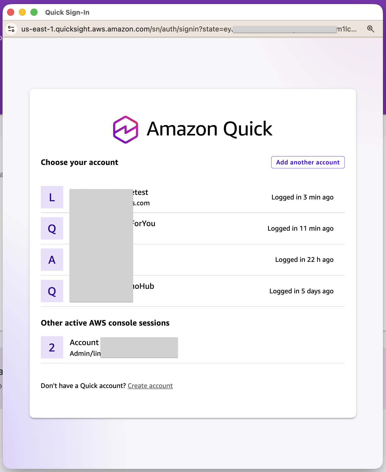 Amazon Quick account selection page to authorize access to Outlook