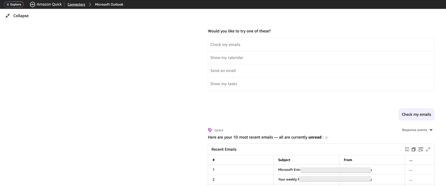 Amazon Quick sample questions for checking email and summarizing calendar events