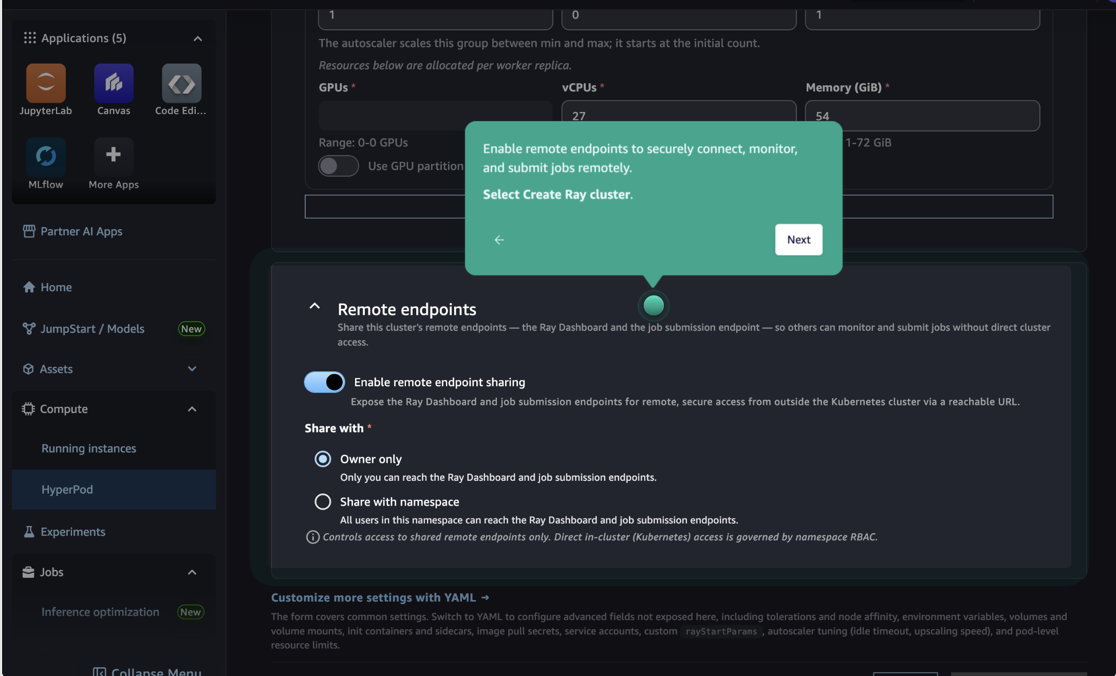 Ray cluster creation form with remote endpoints enabled