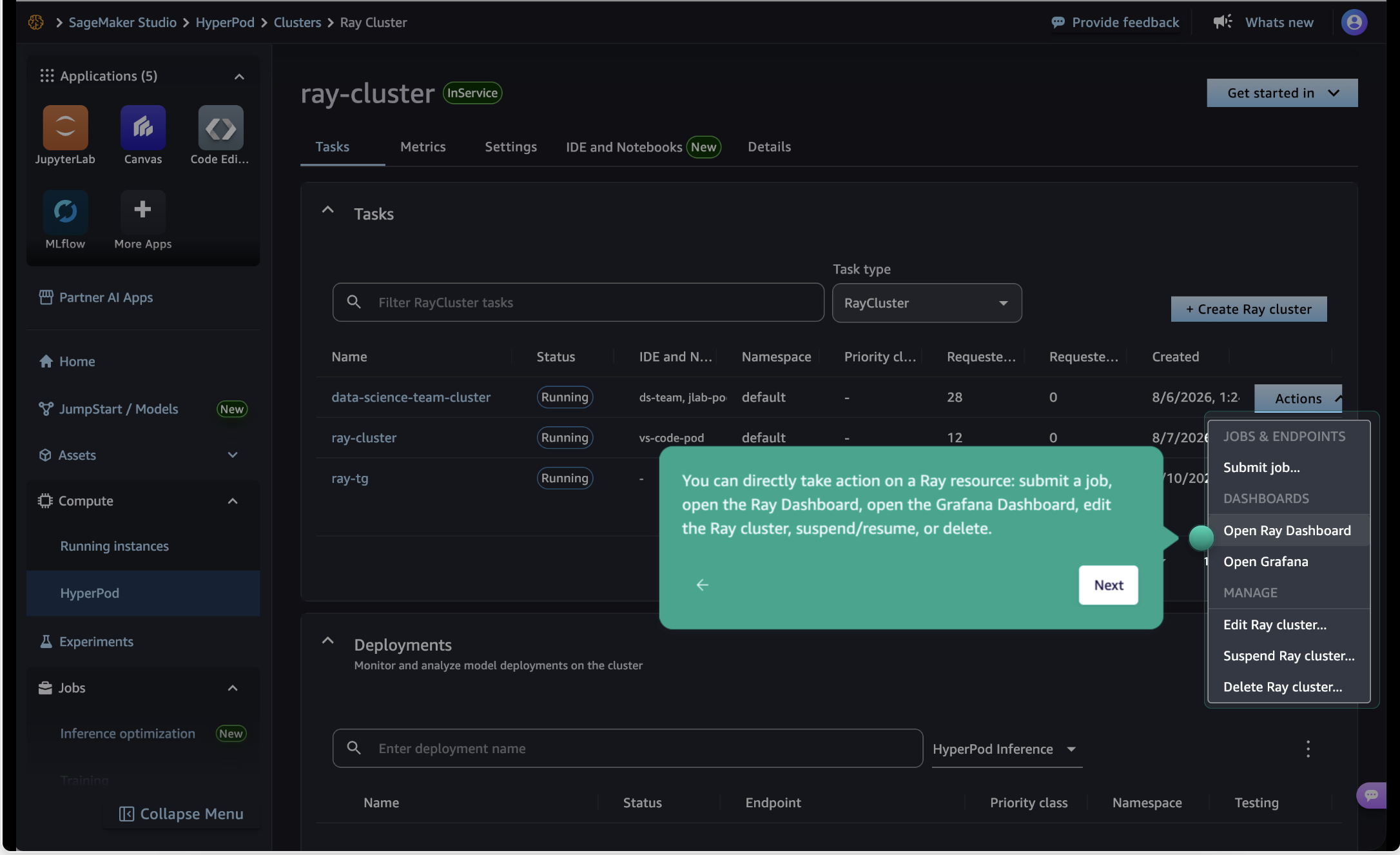Tasks tab showing a running Ray cluster with the Actions menu open