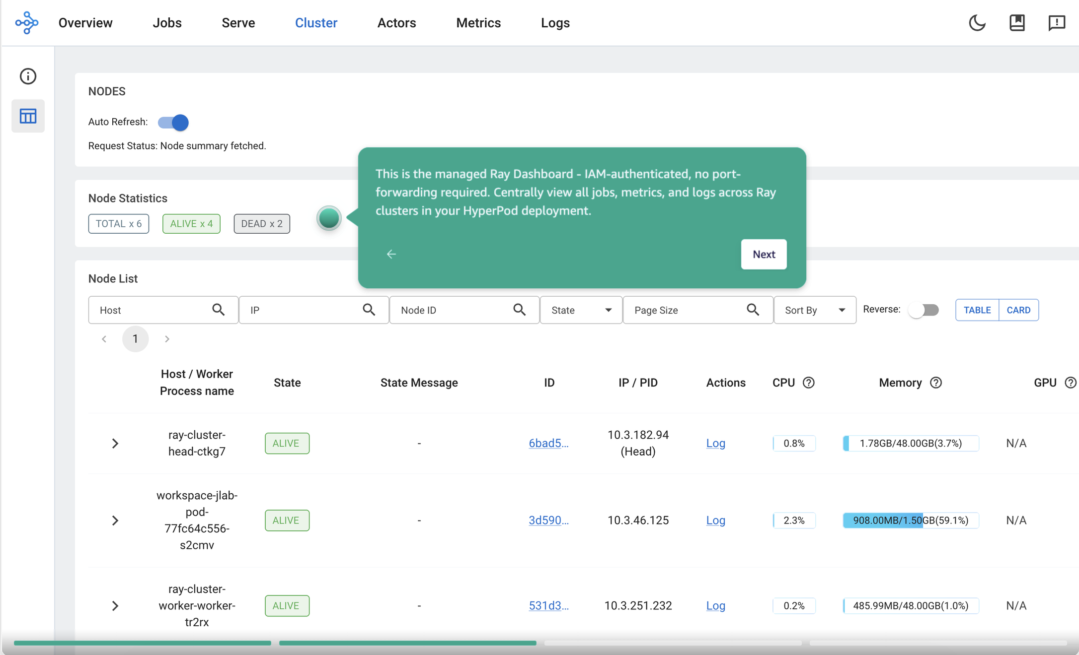 Ray Dashboard showing cluster health, running jobs, and node status