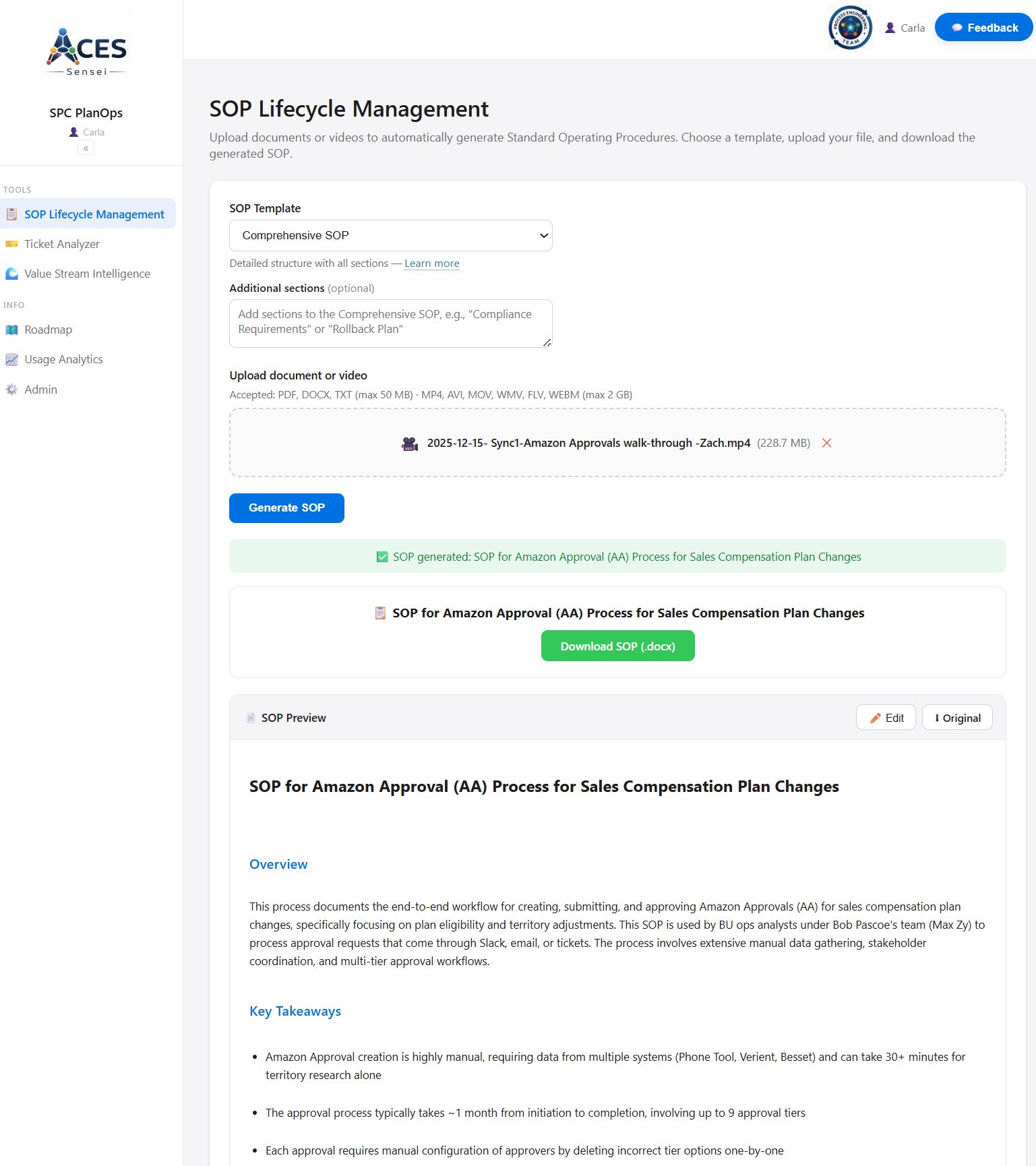 SOP Generator interface for uploading recordings and reviewing generated SOPs