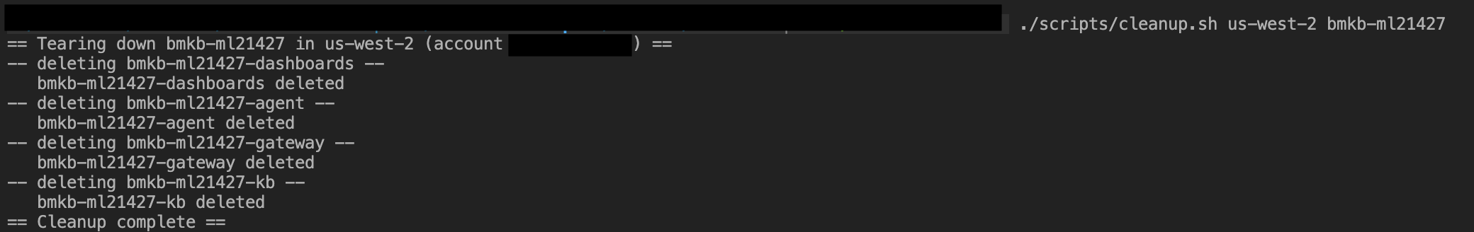 The cleanup script deleting the four stacks in reverse dependency order