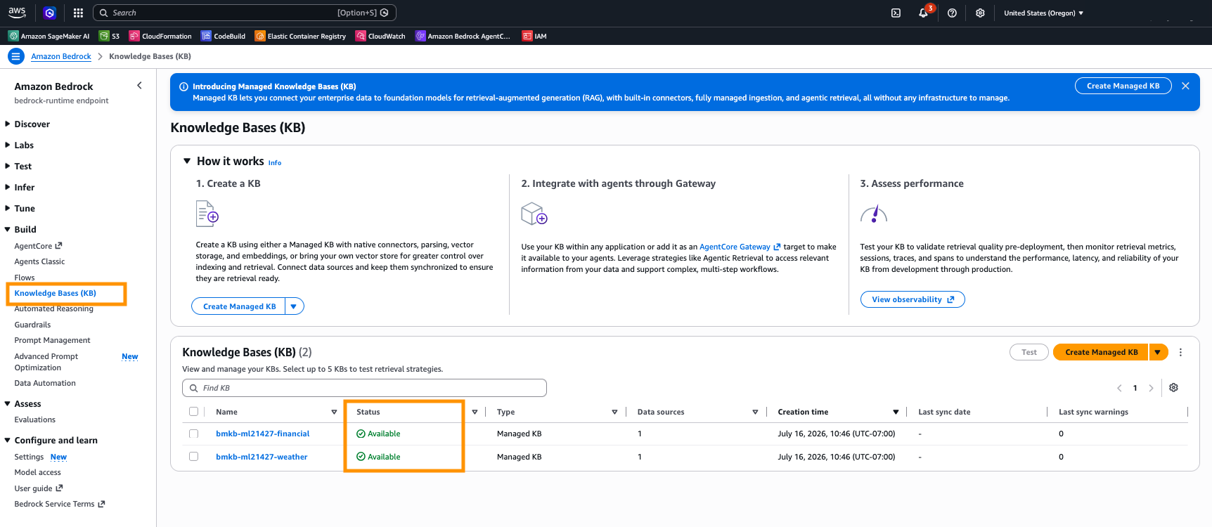 Managed ingestion status showing one document indexed per knowledge base with zero failures