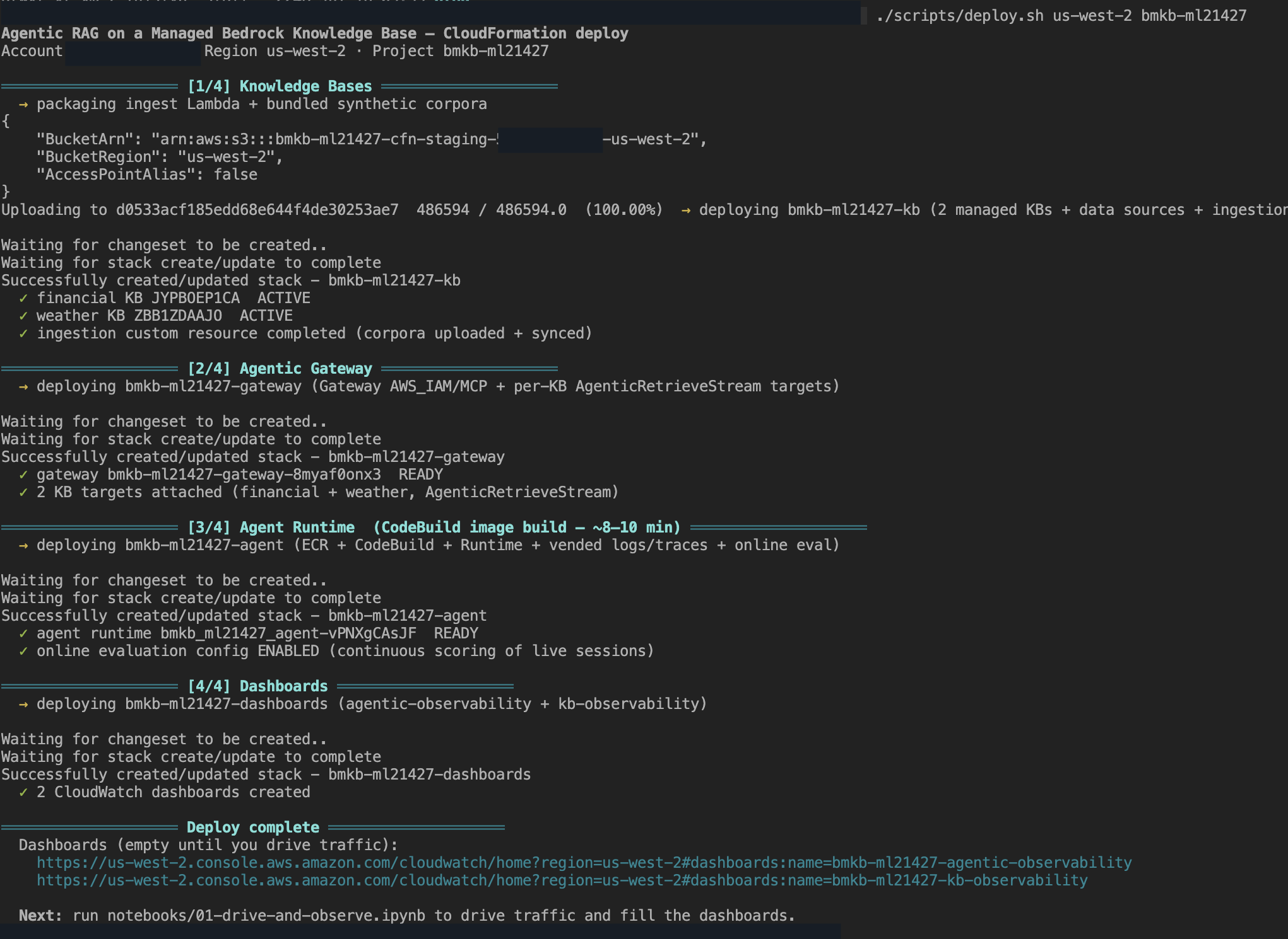 Deploy script output reporting each stage and then printing the two dashboard URLs