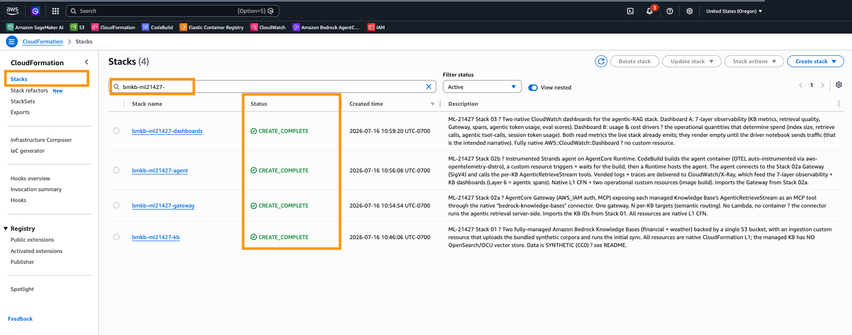 The four CloudFormation stacks all reach CREATE COMPLETE