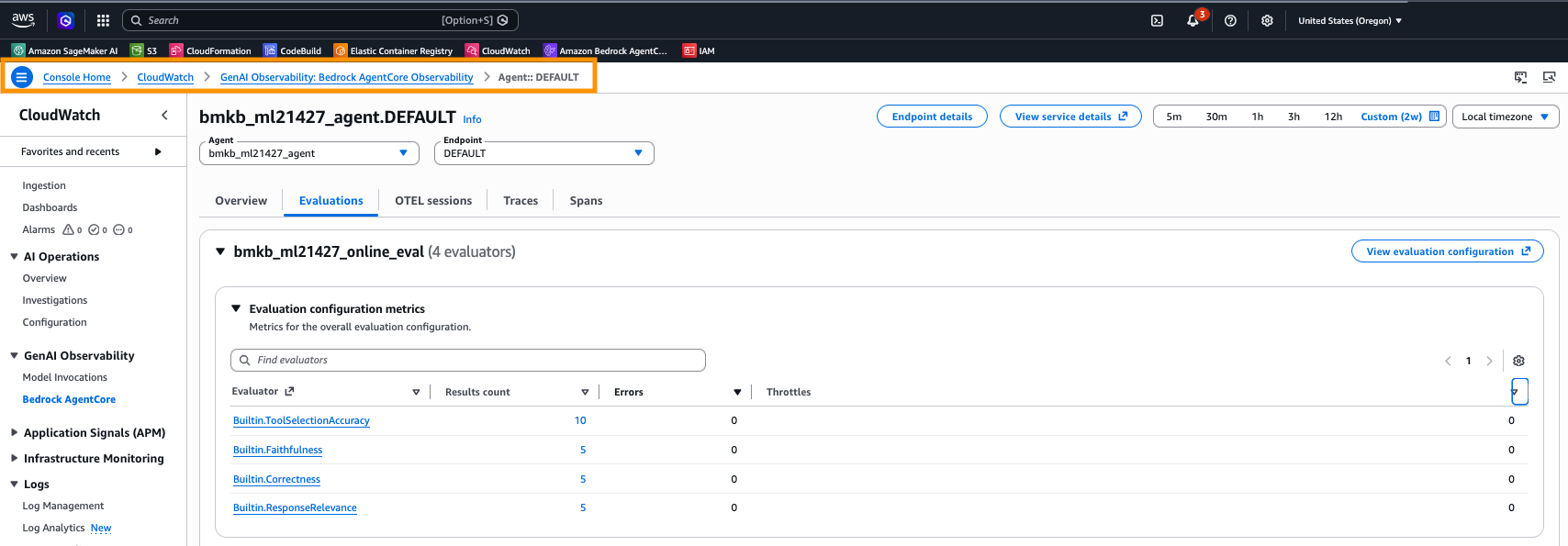 Online evaluation configuration scoring live sessions with four evaluators and zero errors