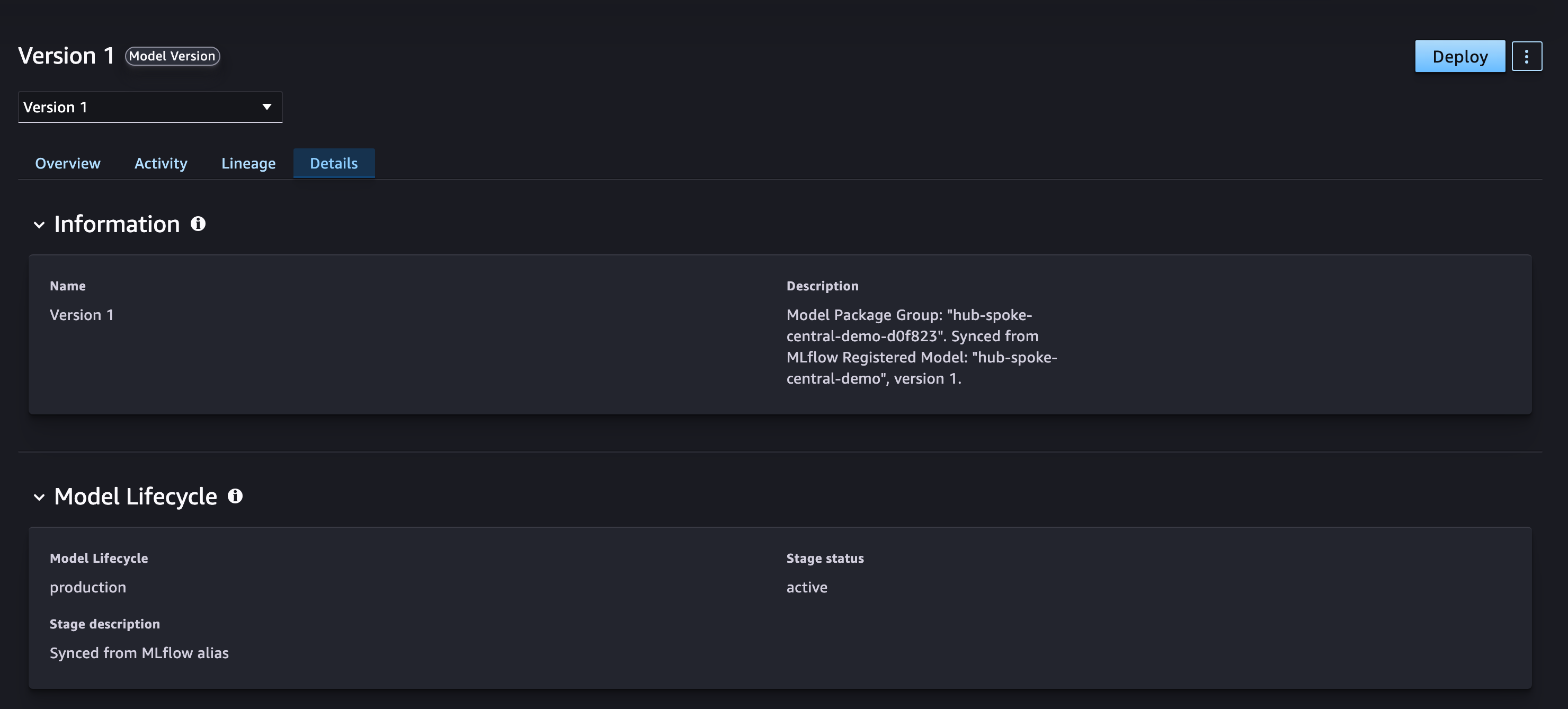 SageMaker AI Model Registry showing the current lifecycle status of the registered model version after promotion to production