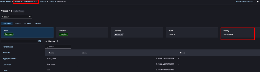 SageMaker Studio Model Registry in the development account showing the model owner approving a model version locally