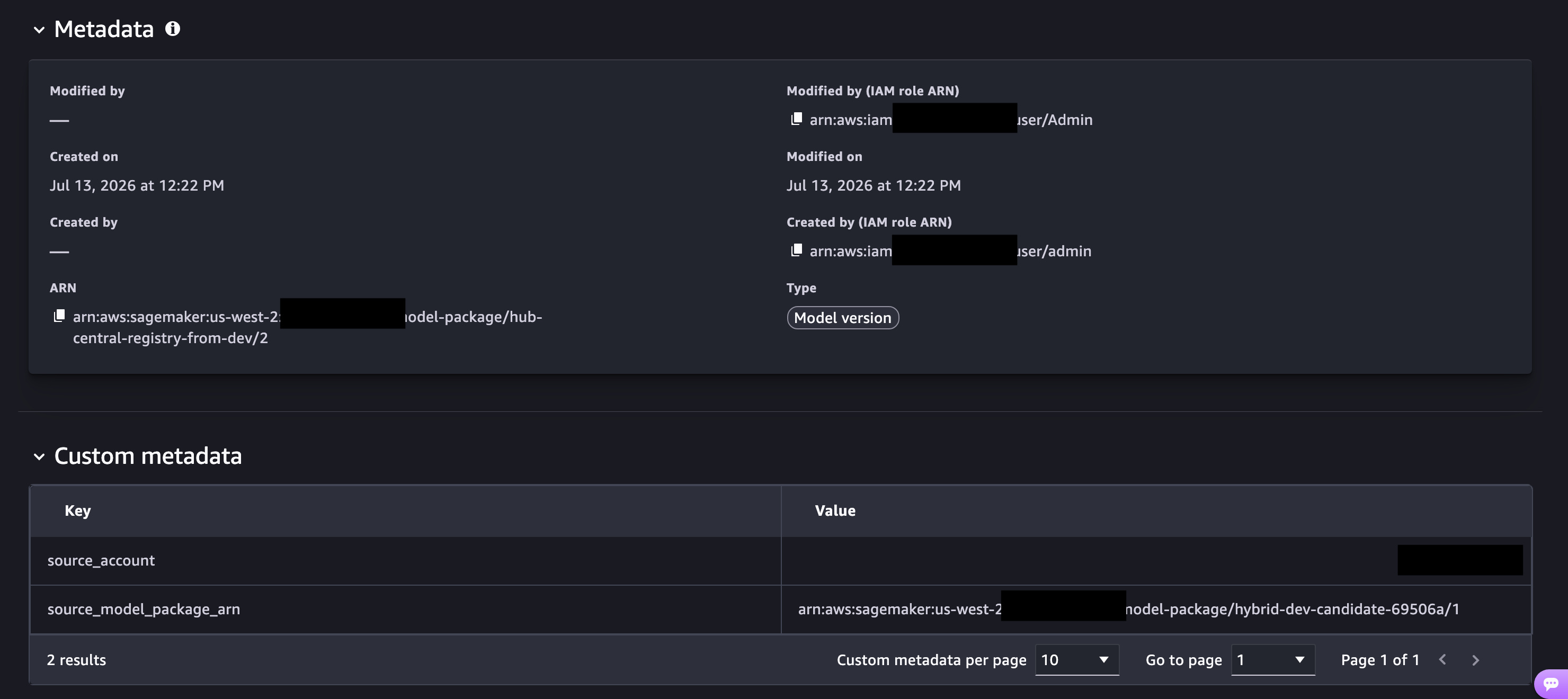 SageMaker Studio in the hub account showing the copied model package with provenance metadata that points back to the source account