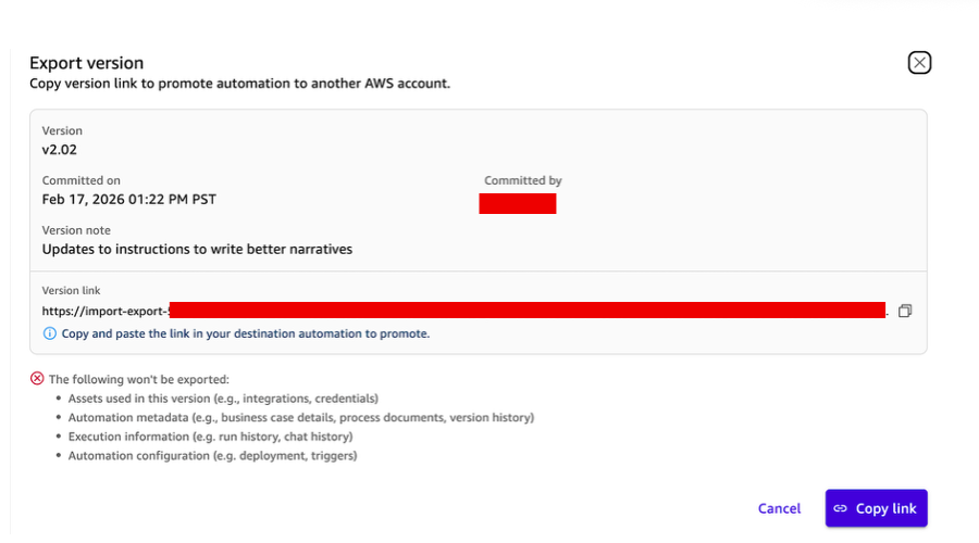 Generated export version link shown after exporting the automation version