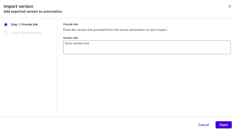 Import version dialog where the exported version link is pasted into the destination project