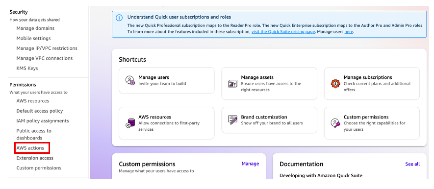 AWS Actions page under Permissions in the Amazon Quick console Manage Account settings